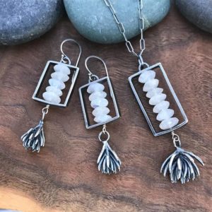 Necklace and earrings with moonstone and cast succulents, April Ottey